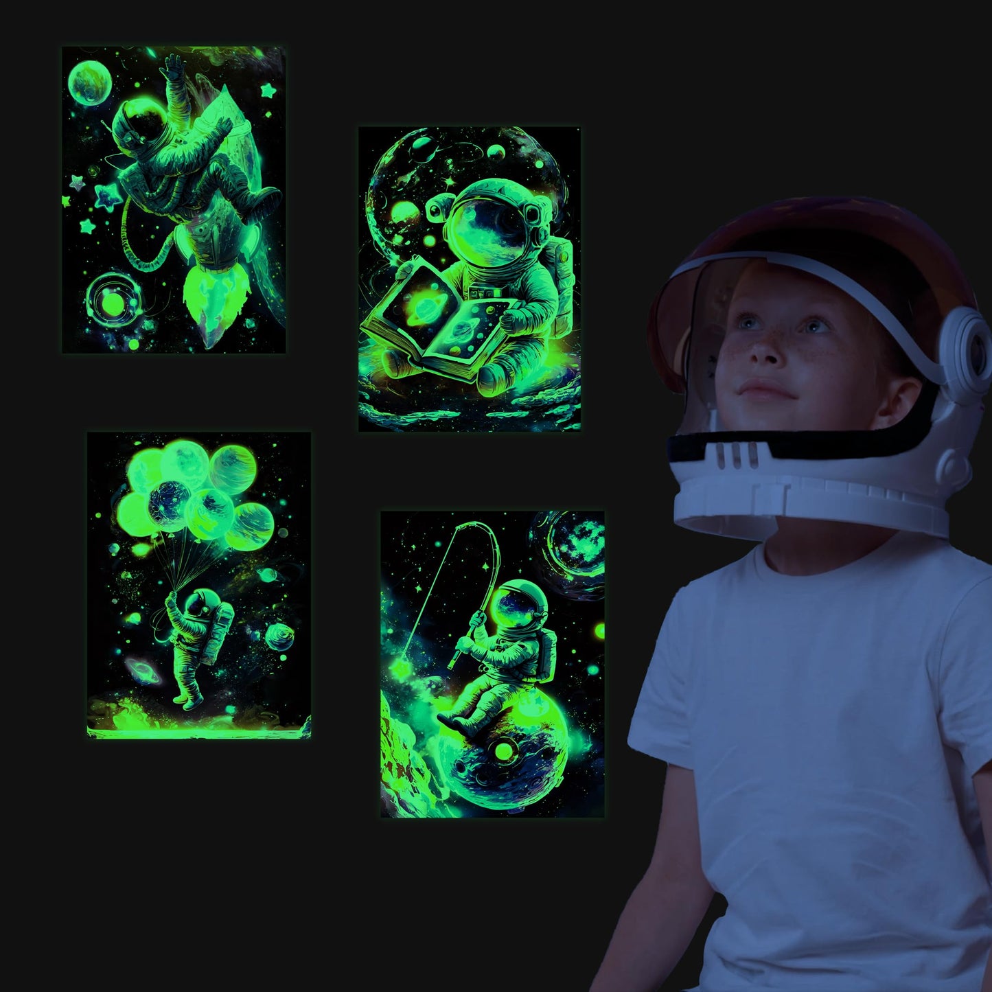 Glow in The Dark Neon Astronaut Space Wall Stickers, Cool Spaceman Boy Bedroom Wall Decals, Fantasy Galaxy Planet Room Decor, Playroom Nursery Ceiling Glass Decoration