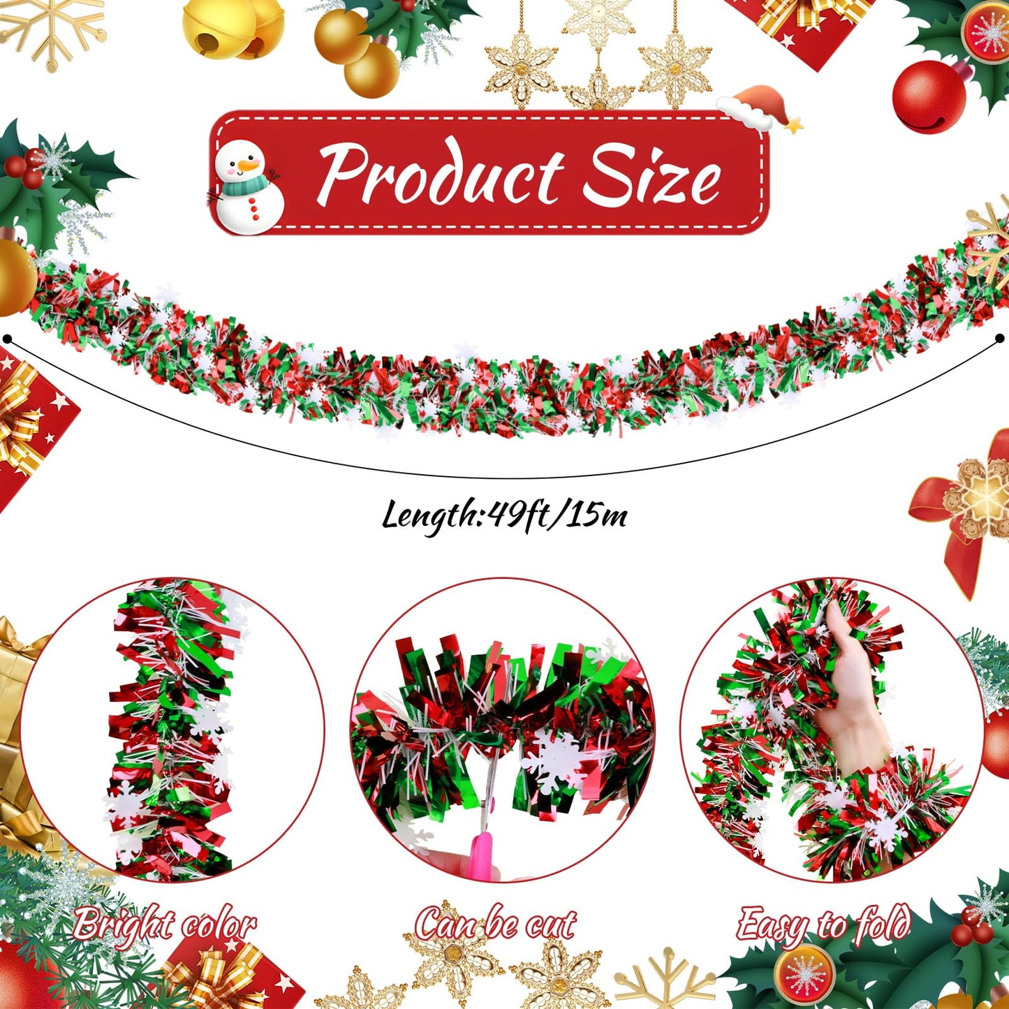 Rismise Green and Red Christmas Metallic Tinsel Twist Garland 49 Feet Glitter Christmas Tree Hanging Wreath Decor Xmas Tinsel Garland for Home Mantle Stair Railing New Year Indoor Outdoor Decorations