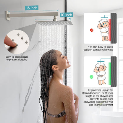 SR SUN RISE Shower Faucet Set & System - 10 Inch Rainfall Shower Head & Handle Set Wall Mounted Brushed Nickel Solid Brass Valve Trim Kit Included