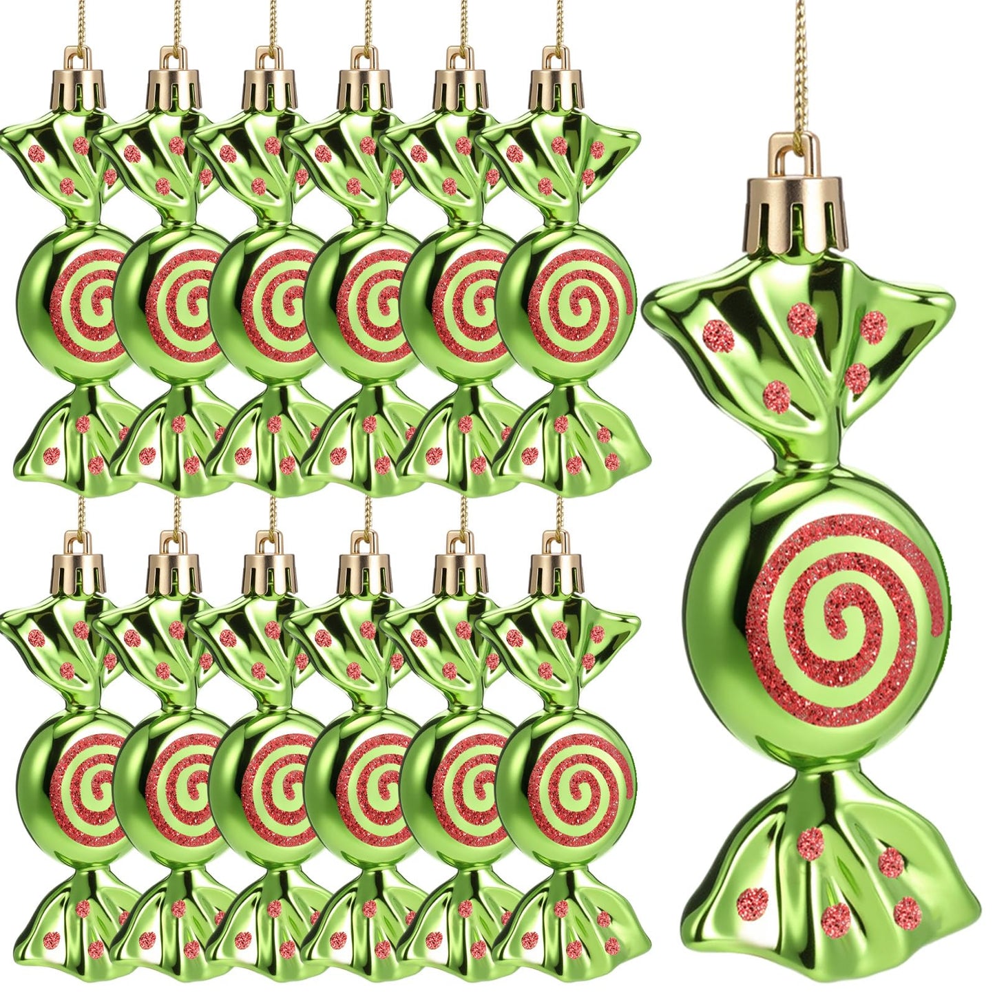 Threan 12 Pcs Christmas Candy Ornaments for Tree Decoration Hanging Glitter Candy Cane Christmas Peppermint Ornament with Golden Rope for Xmas Holiday Decoration(Green with Red,Plastic)