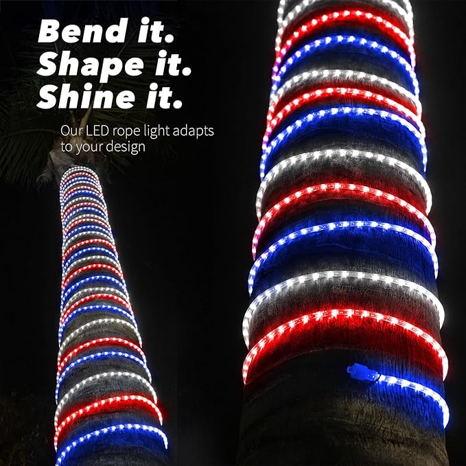 WYZworks 288LEDs 25ft LED USA Patriotic American Red White Blue Outside Rope Lights, Outdoor ETL Certified Waterproof Permanent 360 Degree Light, Flexible Tube, Connectable, Palm Tree Exterior