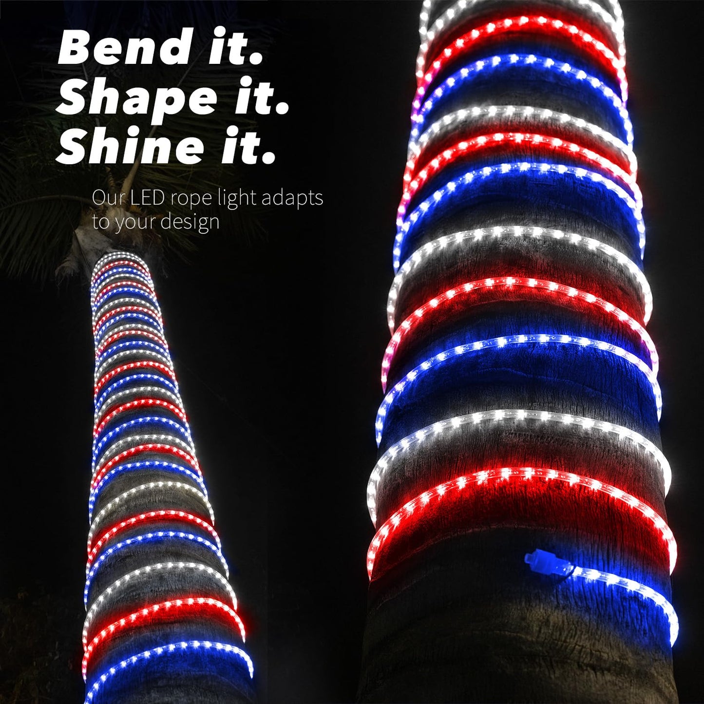 WYZworks 576LEDs, 50ft LED American Flag Red White Blue Outside Rope Lights, Waterproof Permanent Outdoor ETL Certified, Connectable, Palm Tree Decorative Landscape Patio Accent Lighting - USA