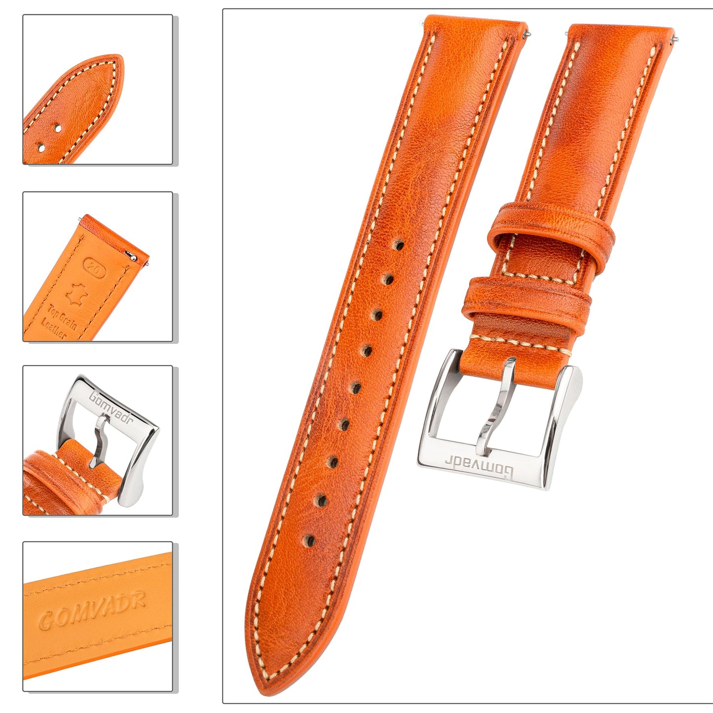 Gomvadr Quick Release Leather Watch Band, Two Tone Oil-tanned Top Grain Leather Watch Straps 18mm 20mm 21mm 22mm Replacement Watch Belt for Men Women (Cognac/Silver Buckle, 18mm)