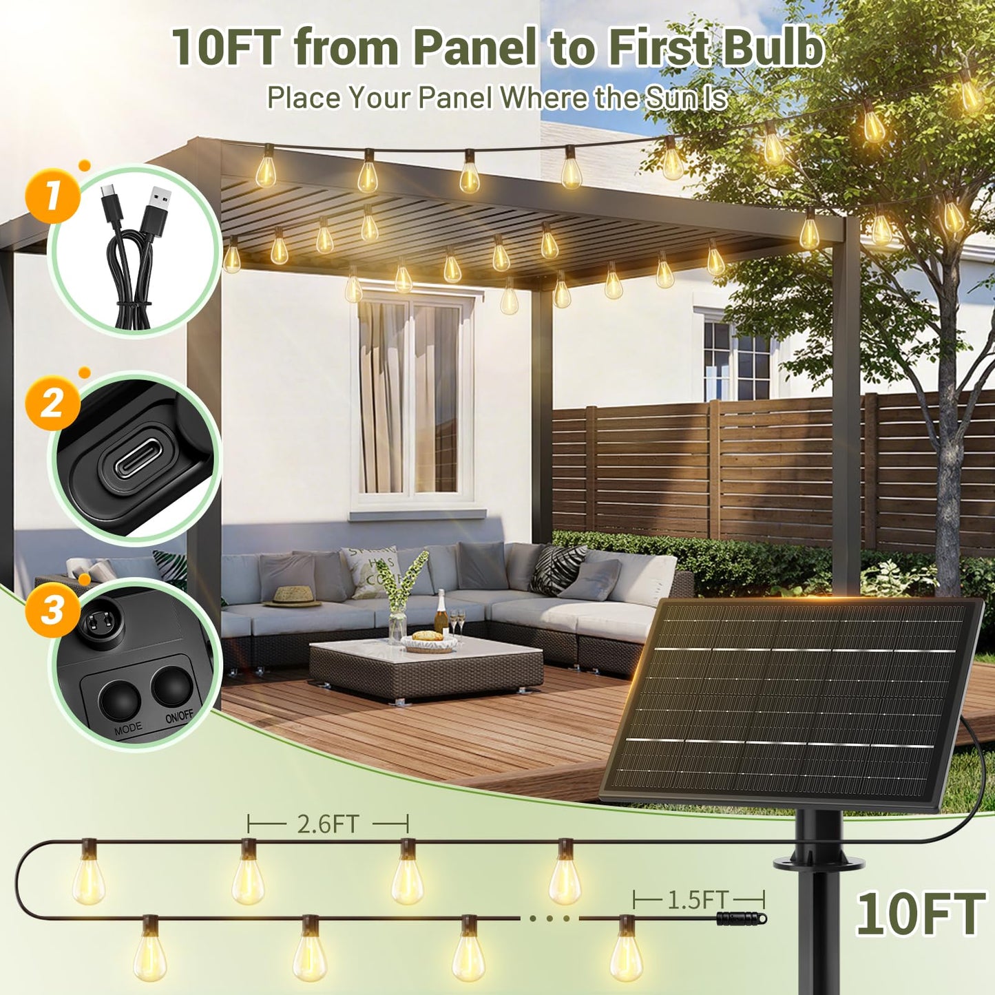 Amzrap 100FT Solar String Lights Outdoor Waterproof, 35+1 LED Shatterproof Bulbs Solar Powered with Remote & USB Port, 3 Light Modes Dimmable Patio Lights for Backyard, Garden, Camping