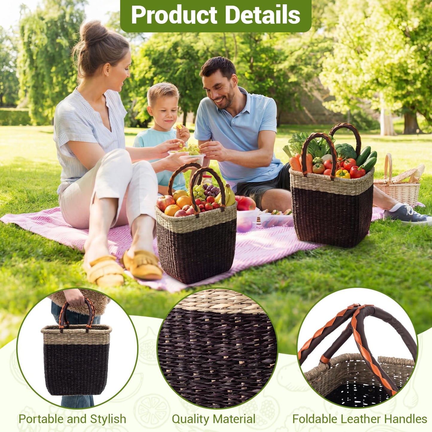 Briwooody 2 Pack Large Wicker Picnic Basket with Leather Handles Reinforced Edge & Base Multi-functional Farmer Grocery Bolga African Bag Storage for Market, Picnic, Easter, Camping, Home Organization