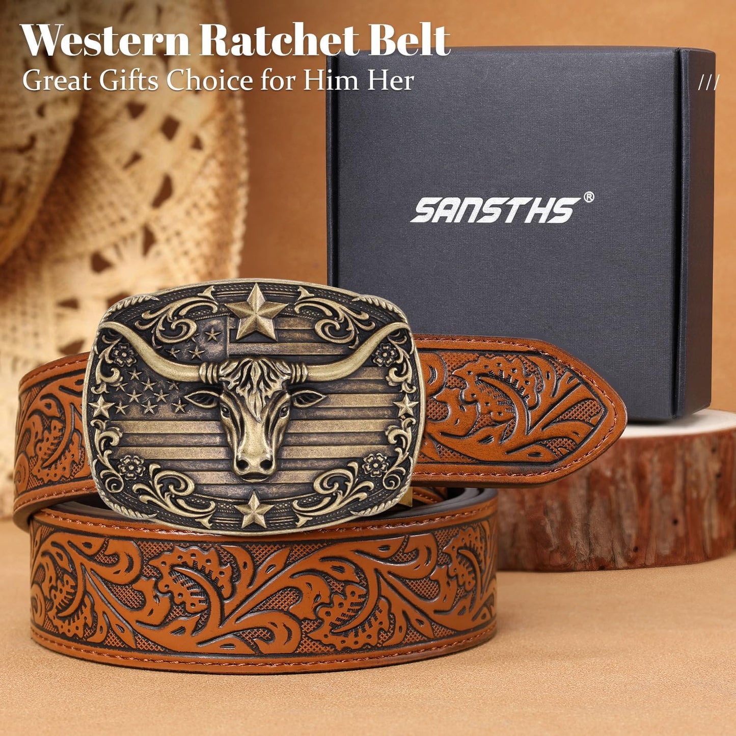 SANSTHS Western Cowboy Ratchet Belts for Men Women Leather Cowboy Belt with Automatic Western Buckle for Jeans Gifts, Golden Bull/Brown