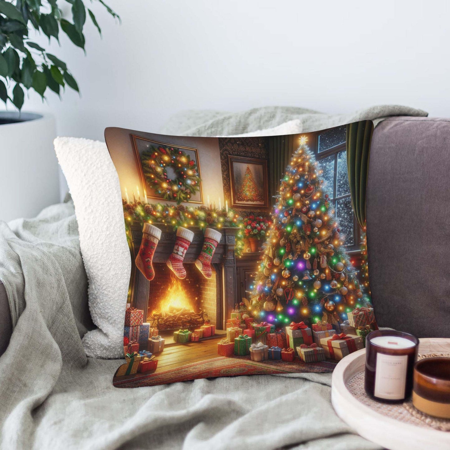 Throw Pillow Cover 20x20 Inch,Christmas Living Room Christmas Tree Adorned Lights Ornaments Stockings Hang Above Fireplace Throw Pillow Case,Home Decor Cushion Covers for Sofa Living Room Couch Bed
