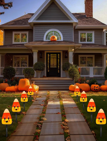 4 Pack Halloween Candy Corn Pathway Marker Lights with C7 Clear Bulbs, 7Ft Candy Night Light with 4 Stakes, Extendable Waterproof Pathway Decor for Yard Porch Lawn Pathway Garden