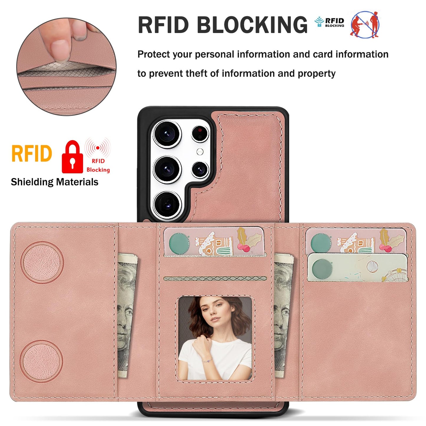 Godzoen for Samsung Galaxy S25 Ultra Wallet Case, 2-in-1 Detachable Magnetic Wallet Case, Card Holder RFID Blocking, Fashionable Faux Leather Card Slot & Folding Design (Pink)