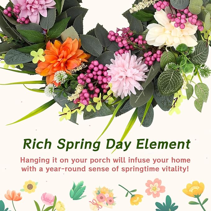 Wreaths for Front Door, 24 Inch Spring Fall Wreath with Vibrant Flowers and Greenery, Artificial Autumn Wreath for All Seasons Farmhouse Outdoor Indoors Holiday
