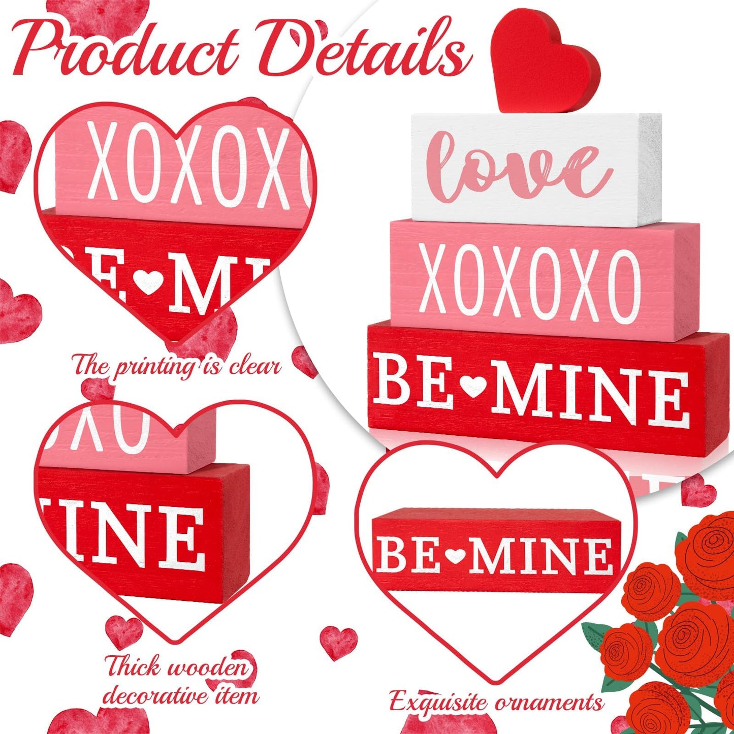 4 Pcs Valentine's Day Table Decor Valentine Wood Book Stack Wooden Signs Decoration for Valentines Day Decorations Wedding Anniversary Party Shelf