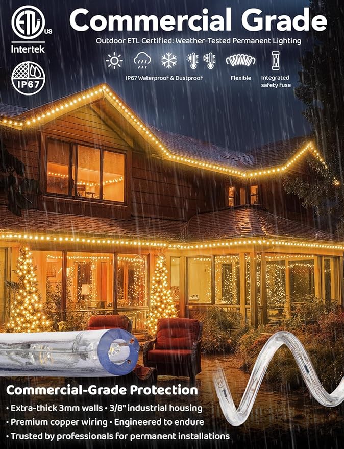 WYZworks 3312LEDs 300ft LED Outside Rope Lights, Outdoor ETL Certified Waterproof Permanent 360 Degree Light Emitting, Flexible Tube, Connectable, Christmas Palm Tree Exterior Landscape, Warm White