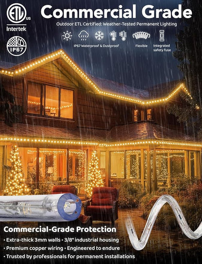 WYZworks 108LEDs, 10ft LED Rope Light, Connectable Waterproof Permanent Outdoor Clear PVC Tube, ETL Certified, Christmas Trees Holiday Decorative Landscape Backyard Patio Accent Lighting - Warm White