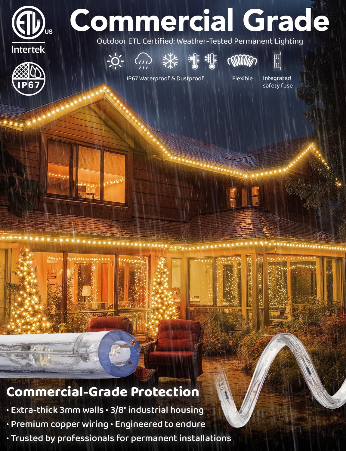 WYZworks 576LEDs, 50ft LED Outside Rope Lights, Waterproof Permanent Outdoor ETL Certified Connectable Clear Tube, Christmas Palm Tree Holiday Decorative Landscape Patio Accent Lighting - Warm White