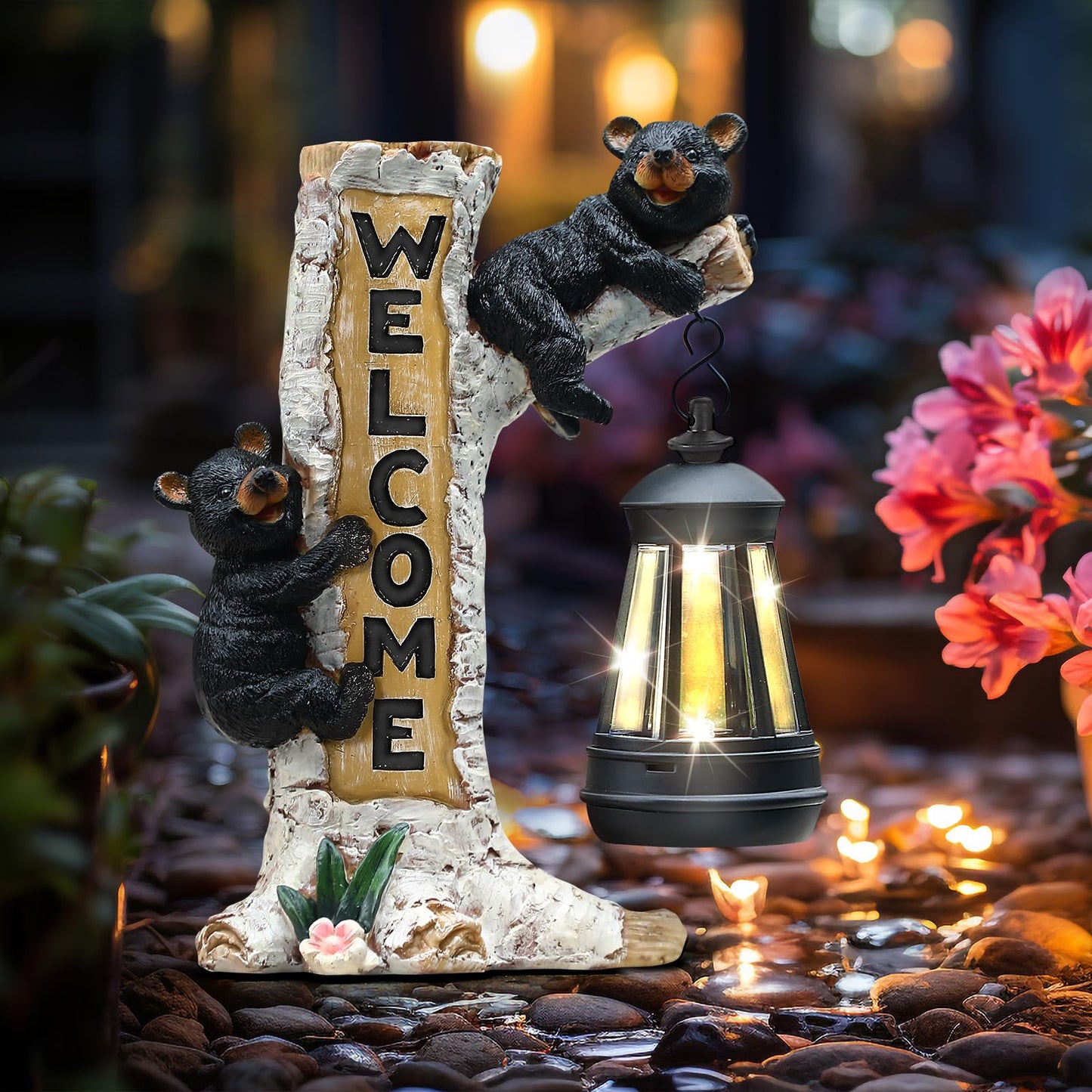 Json Garden Bear Statue with Solar LED Lantern, Gifts for Mom Yard Art, Whimsical Figurine Large Sculpture Lighted Outdoor Mother's Day Spring Decorations for Lawn, Porch