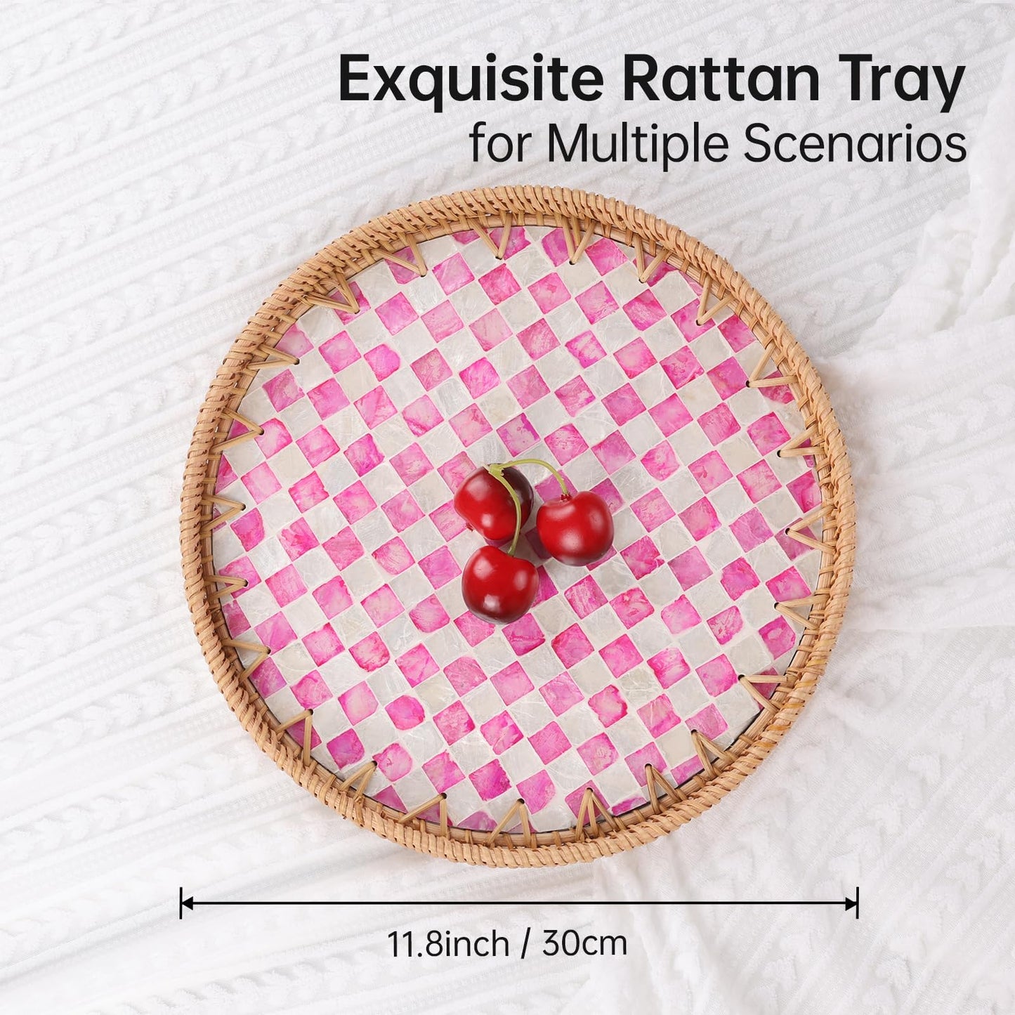 Tynulox Round Rattan Tray with Mother of Pearl Inlay, Rattan Serving Tray for Coffee, Bread, Fruits, Decorative Wicker Tray for Table Decor, Home Decor, Kitchen Island Decor(Pink Checkerboard, 11.8")