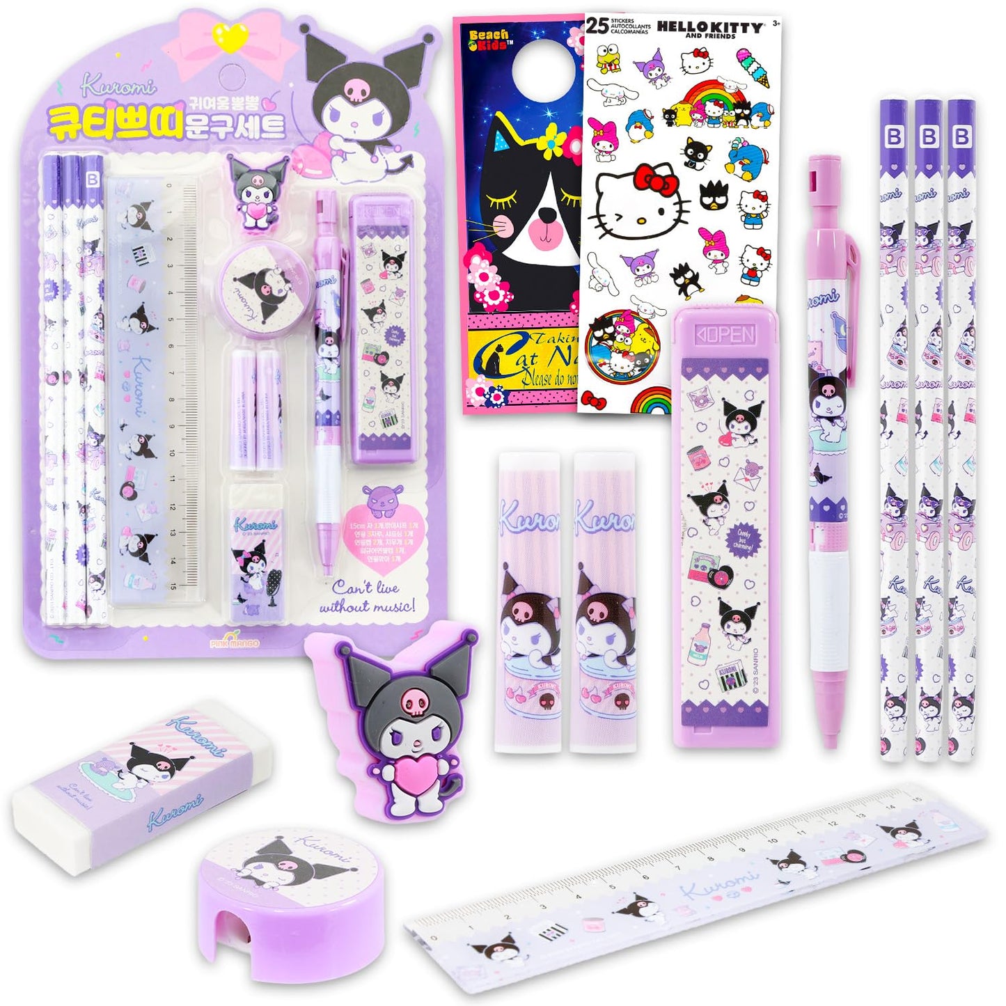 Kuromi School Supplies Pack - 11 Pc Bundle with Sanrio Pencils, Mini Ruler, Eraser, Pencil Topper, Stickers, More for Kids, Girls | Kuromi Back to School Supplies