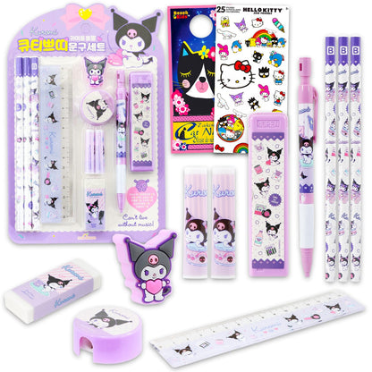 Kuromi School Supplies Pack - 11 Pc Bundle with Sanrio Pencils, Mini Ruler, Eraser, Pencil Topper, Stickers, More for Kids, Girls | Kuromi Back to School Supplies