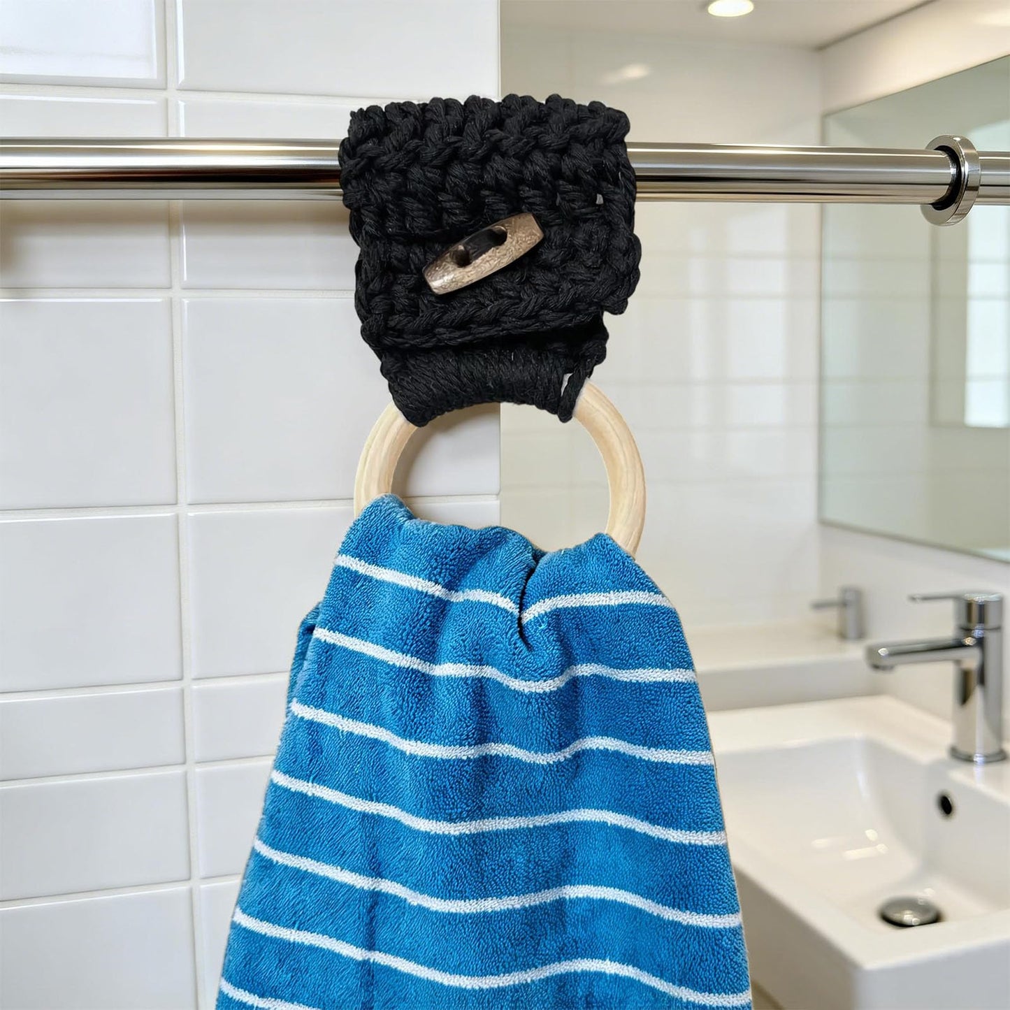 Aerbee Macrame Towel Holder Ring, 3PCS Kitchen Towel Hooks for Kitchen & Bathroom, Decorative Boho Style Kitchen Oven Towel Hanger Loop Ring, Unique Gift for Christmas, Black