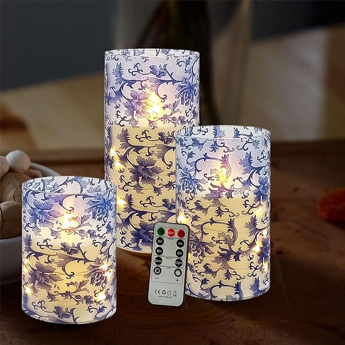 Printed Flameless Candles with String Lights - Set of 3 Blue and White Battery Operated Candle Flickering Floral LED Pillar Candles with Timer Remote for Home Decor Romantic Ambiance,BW