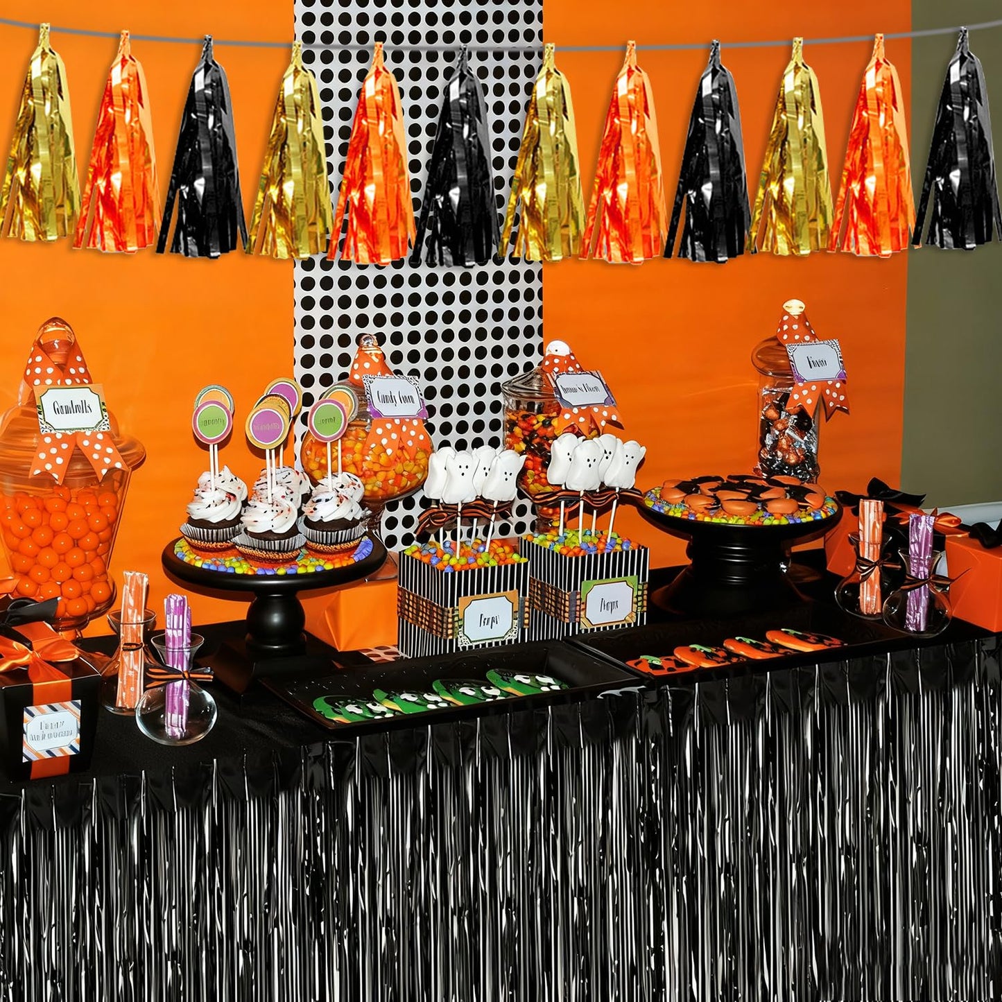 4P Orange Gold Black Tassel Banner Garland Metallic Foil Fringe Banner Tinsel Tassels Streamer Banner Backdrop for Parade Floats, Graduation Decorations, Halloween, Christmas Decorations