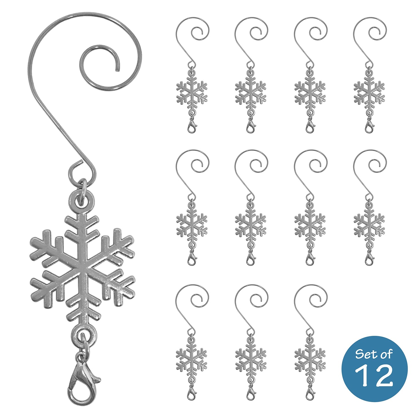 Snowflake Christmas Ornament Hooks Set of 12, Shiny Silver Christmas Tree Hangers with S-Hook and Lobster Claw, 3.5 Inch Metal Snowflake Accessories for Xmas Tree Decor, Crafts, Holiday Displays