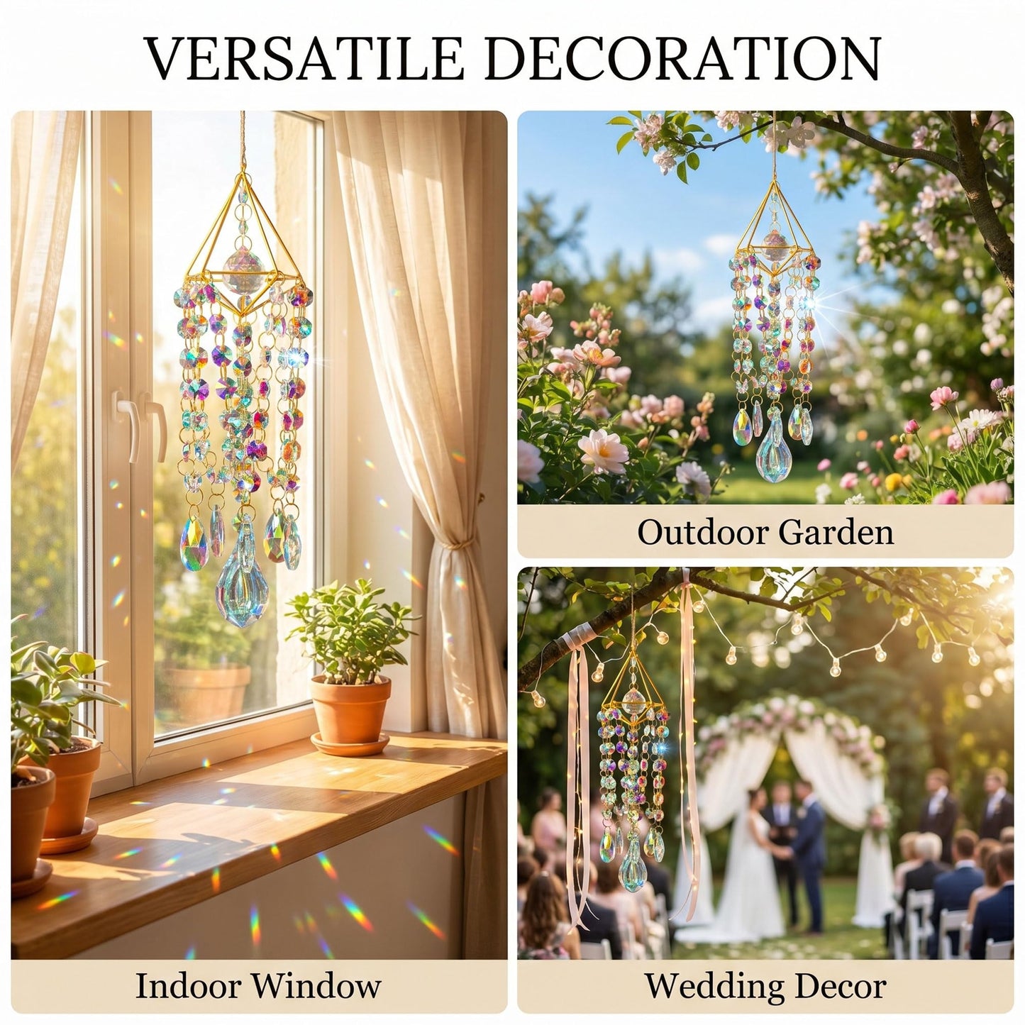 HDCRYSTALGIFTS Crystal Suncatchers for Window Hanging Glass Wind Chime Style Garden Sun Catchers with Crystals Prisms Rainbow Maker Indoor Outdoor Decor Handmade Gold Plated