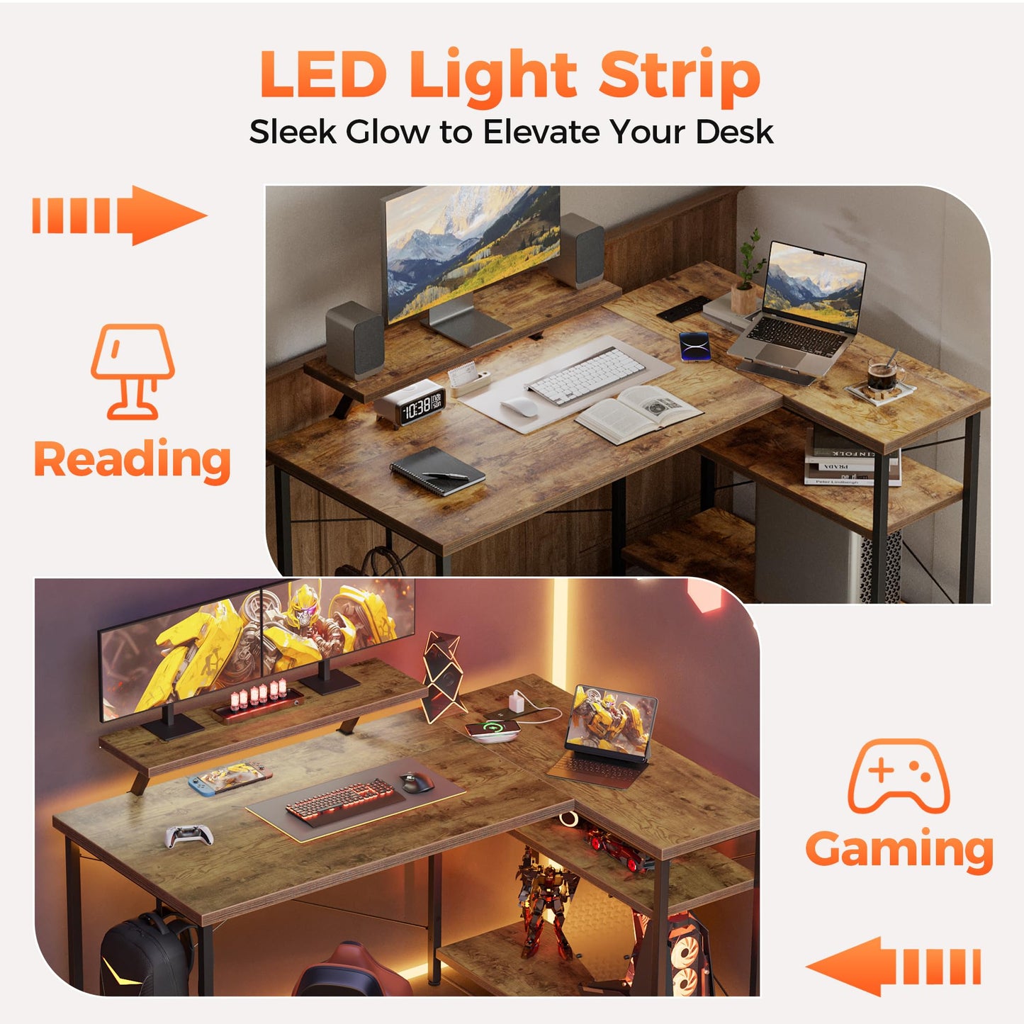 Mericonia Small L Shaped Computer Desk with Power Outlets, Reversible Gaming Desk with Storage Shelves & Monitor Stand, Corner Gamer Desk Table, Study Writing Table