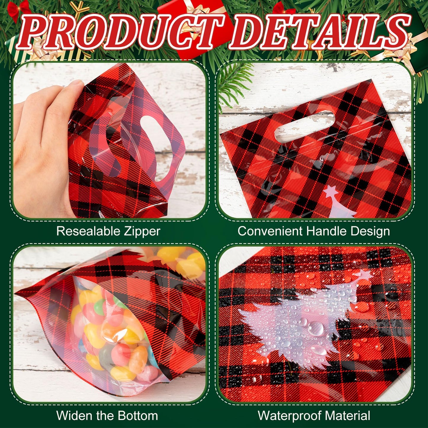 AmazingSpark Summer Christmas Candy Treat Bags with Windows, Holiday Plaid Plastic Sealing Bags with Handles for Xmas Holiday Party Candy or Snacks Gift Wrapping Supplies