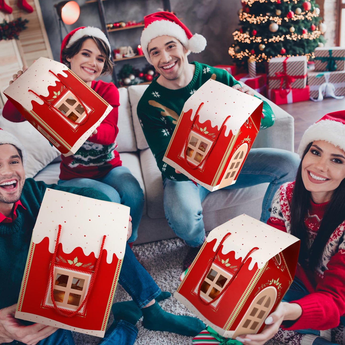 AmazingSpark 12 Pack Large Christmas Enchanted Gift Boxes Wonderland Cottage House Shaped Christmas Boxes with Handle, Real Estate Agent Gift Bag Xmas Paper Candy Packaging Box, 11.8 x 7.9 x 7inches
