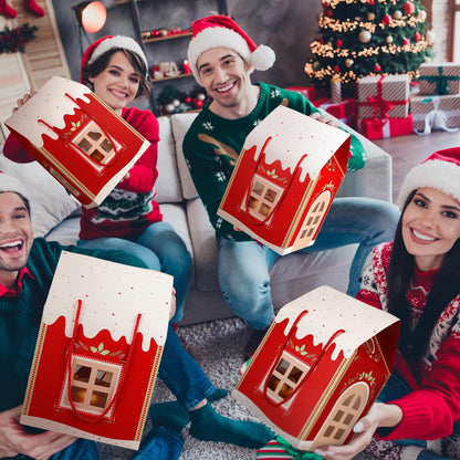 AmazingSpark 12 Pack Large Christmas Enchanted Gift Boxes Wonderland Cottage House Shaped Christmas Boxes with Handle, Real Estate Agent Gift Bag Xmas Paper Candy Packaging Box, 11.8 x 7.9 x 7inches