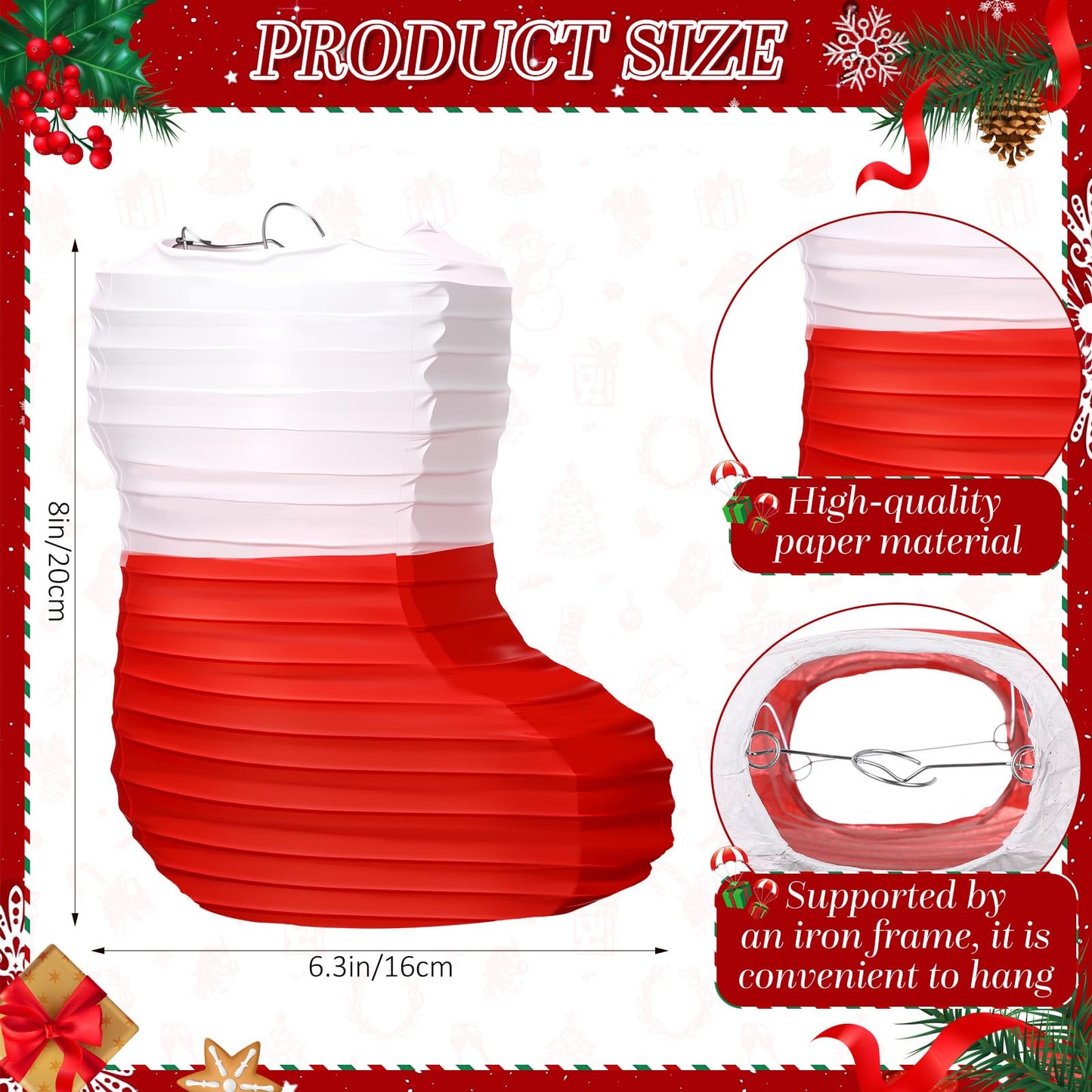 Hortsun 12 Pcs Christmas Paper Lanterns Christmas Stocking Paper Lanterns 8 Inch Red White Xmas Stocks Honeycomb Foldable Hanging Lantern for Xmas New Year Holiday Party Indoor Outdoor Hanging Decor
