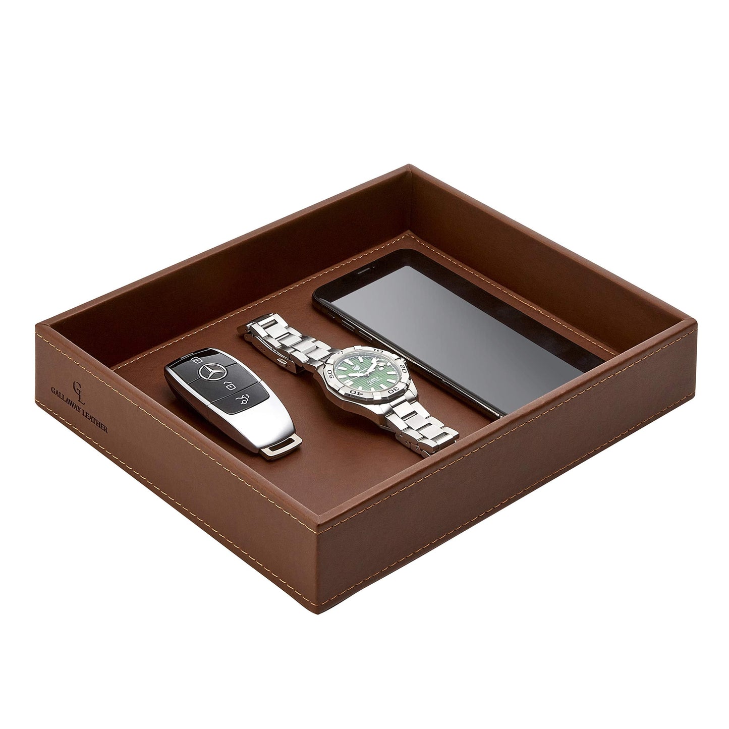 GALLAWAY Leather Valet Tray for Men - Nightstand Organizer EDC Tray for Wallet and Keys - Bedside Dresser Catch All Dump Key Bowl for Entryway Table, Dark Brown