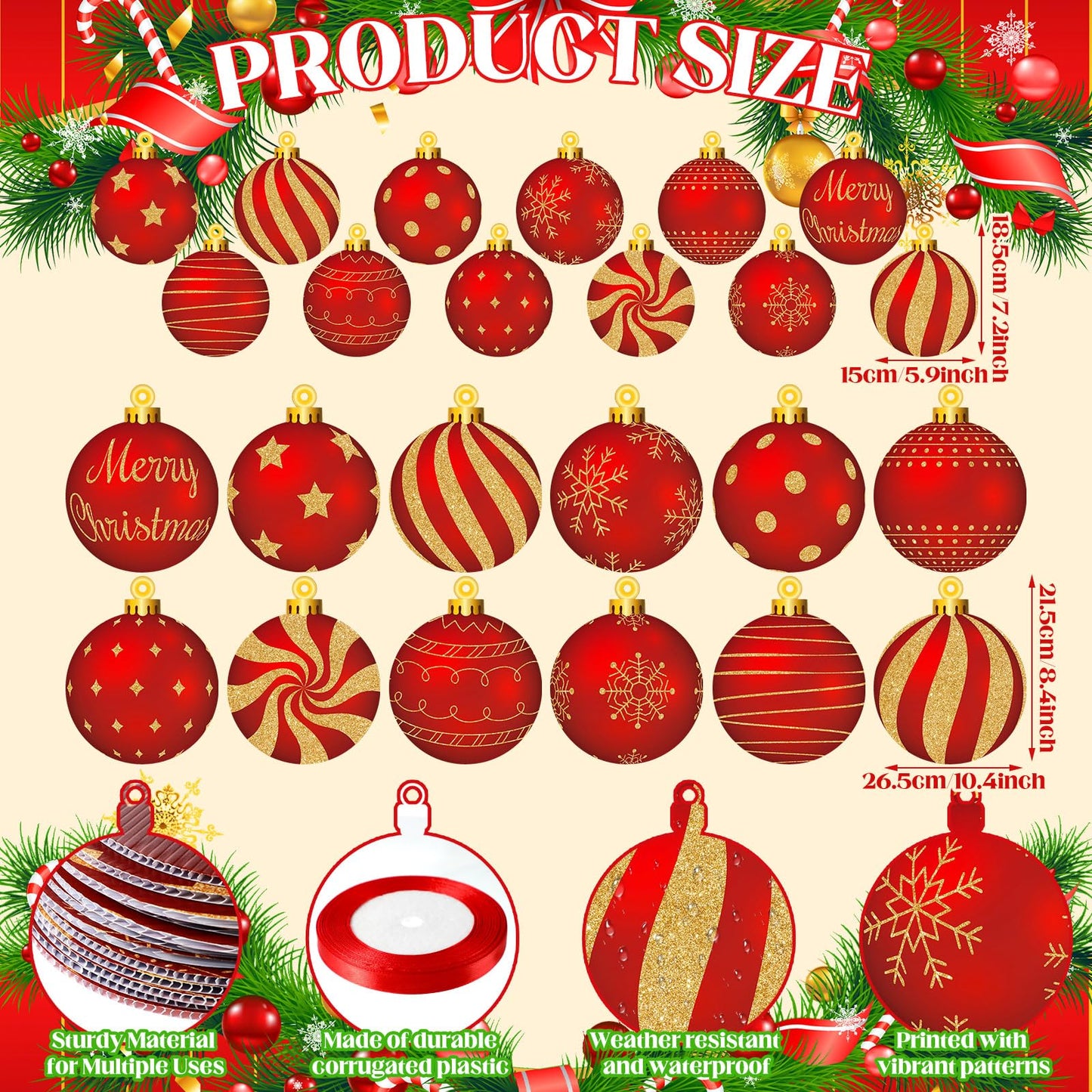Huwena 24 Pcs Christmas Decorations Outdoor Christmas Hanging Ornaments Peppermint Candy Yard Signs Double Sided Lawn Decorations Peppermint Ornaments for Xmas(Red, Gold)