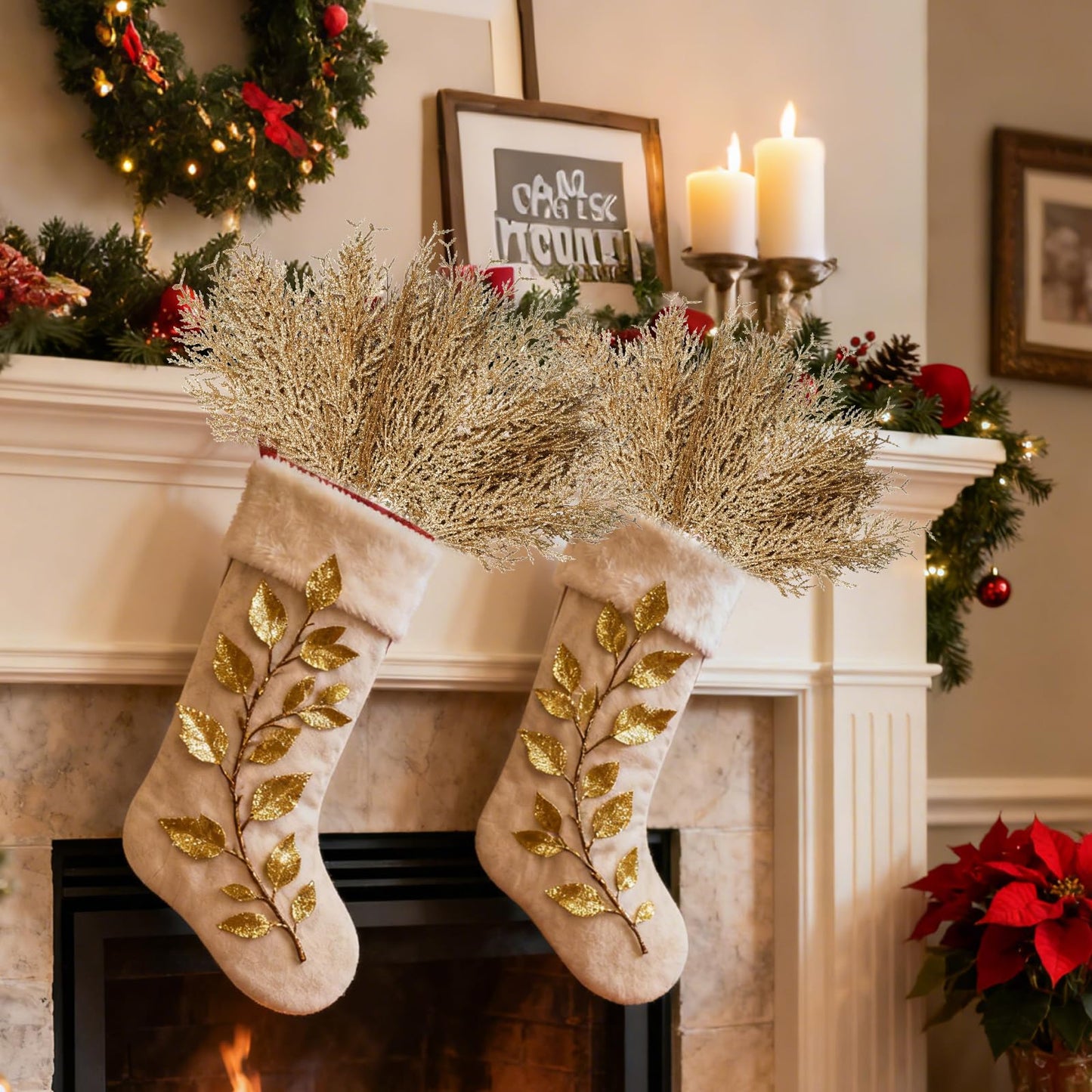 Jmkcoz Christmas Artificial Glitter Pine Tree Twig Ornaments, Xmas Picks Decorative Sticks Glittery Stems Branches for Christmas Tree Topper Wreath Vase Bouquet Floral Wedding Party (24, Champagne)