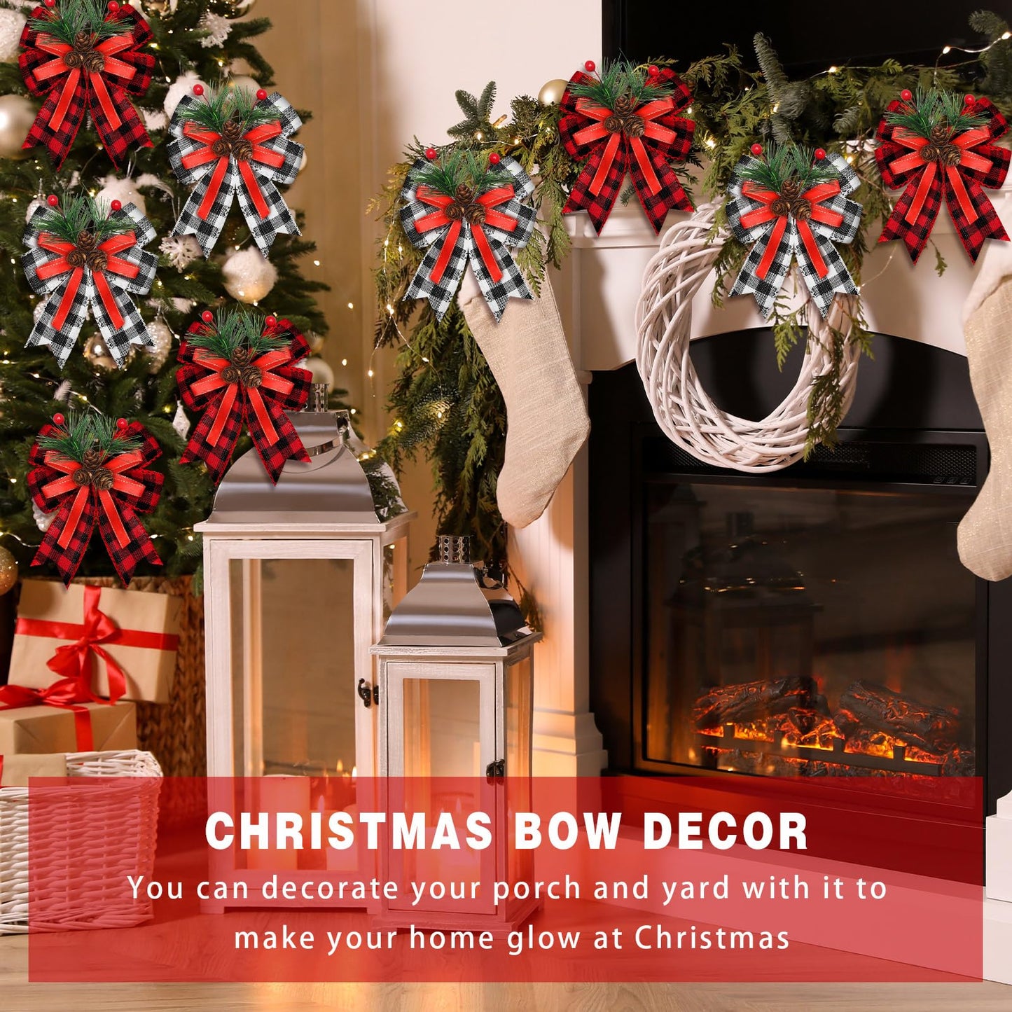 Syhood 6 Pcs Christmas Bows with Pine Cones Pine Needles Xmas Buffalo Plaid Bows Black White Plaid Ribbon Christmas Tree Wreath Decoration for Xmas Parties Indoor Outdoor Crafts DIY Decor