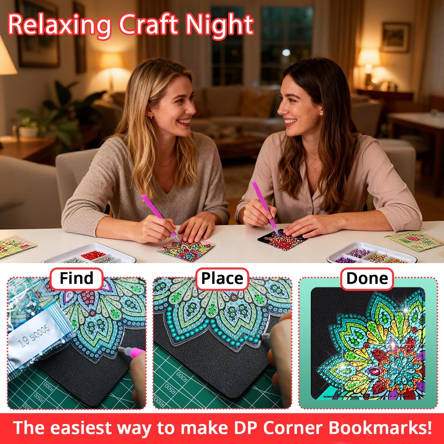 8 PC Diamond Art Corner Bookmarks Leather Bookmark Kit for Adults Paint by Dots Bookmarkers Craft DIY Gem Small Dotz Gifts for Mom, Christmas Gifts for Women, Mandala Flower Black Lotus