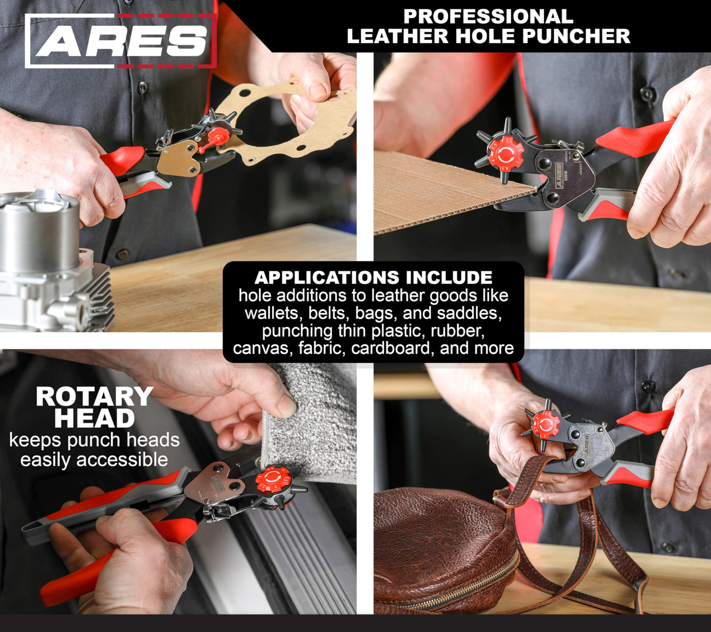 ARES 32016 – Professional Hole Puncher – Heavy Duty Leather Punch Plier Tool for Belts, Watch Bands, Saddles, Shoes, and More – Heavy Duty Rotary Punch Tool for DIY Home Craft