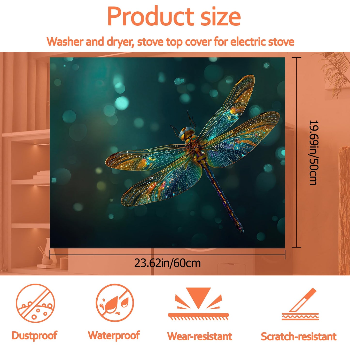 Fantasy Green Dragonfly Washer and Dryer Covers for the Top,Washing Machine Dust Cover Pad Anti-slip Absorbent Protector Mat for Washer Dryer Home Decor,23.6"x19.7"
