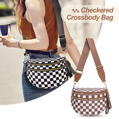 Checkered Crossbody Bag,Nylon Bum Bags for Women Crossbody,Spacious Sling Bag Purse Fanny Packs with Shoulder Strap