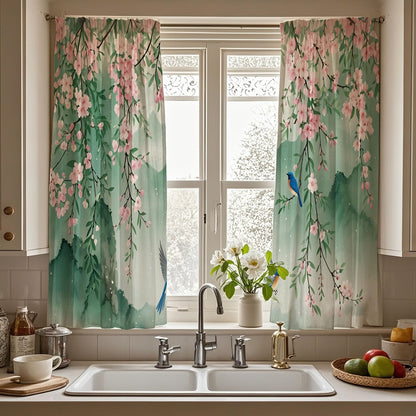 Opeoddie Green Mountain Pink Cherry Blossom Kitchen Curtains 36 Inch 2 Panels Flower Birds Chinese Asian Print Floral Bathroom Window Curtain Cafe Small Short Drapes Window Treatments Tiers