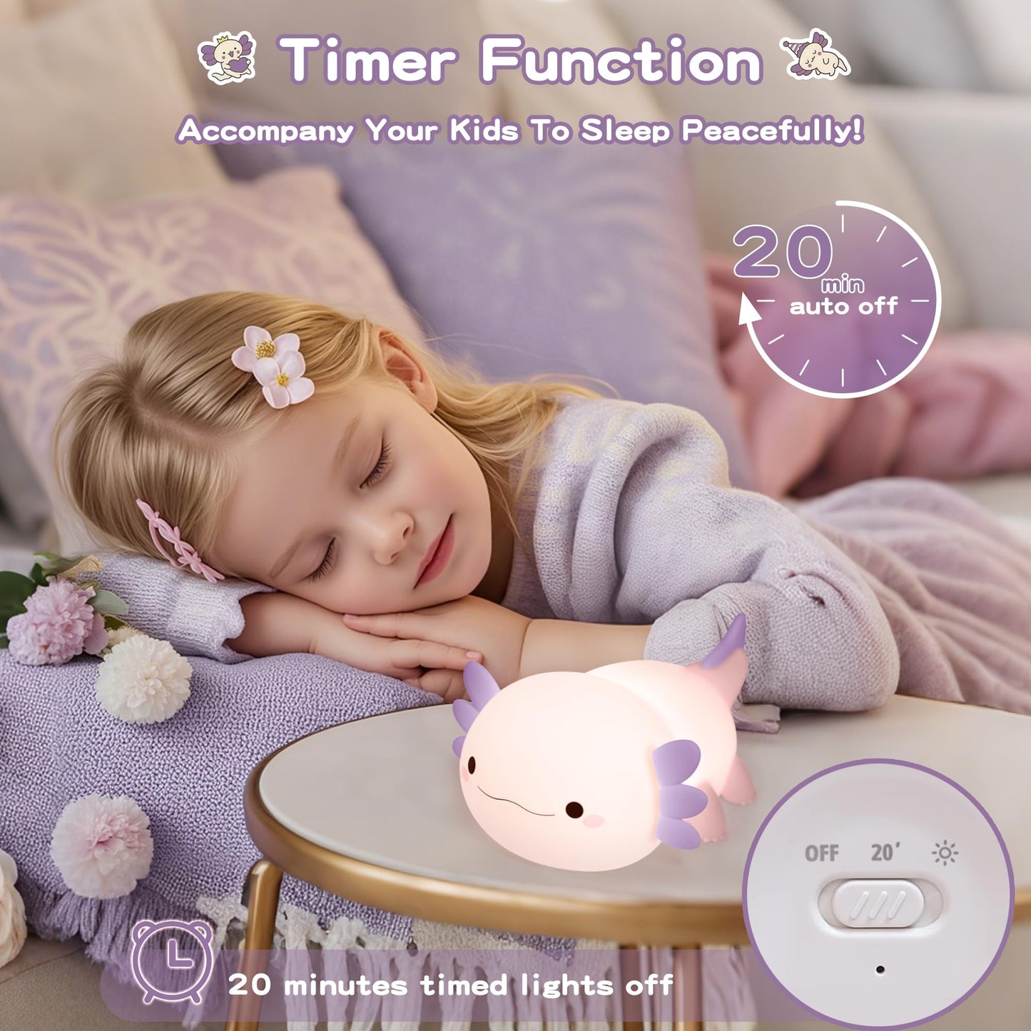 FAMIDUO Axolotl Night Light for Kids,Cute Purple Axolotl Lamp,LED Squishy Nursery Nightlight, Soft Silicone Novelty Animal Bedside Touch Lamp, Room Decor,Axolotl Gifts for Mom Girls Baby Toddler