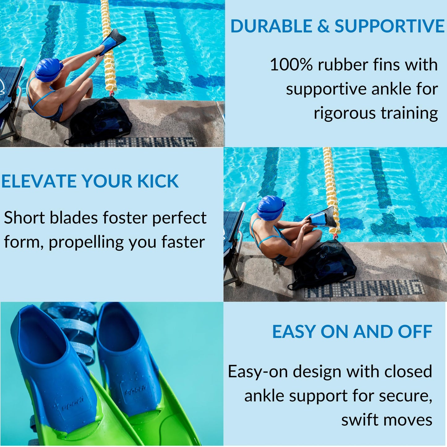 Sporti Adult-Kids Short Swim Fins, Floating Fin for Swimming & Snorkeling, Swim Flippers for Training - Blue/Blue - M 13-14 / W 14-15