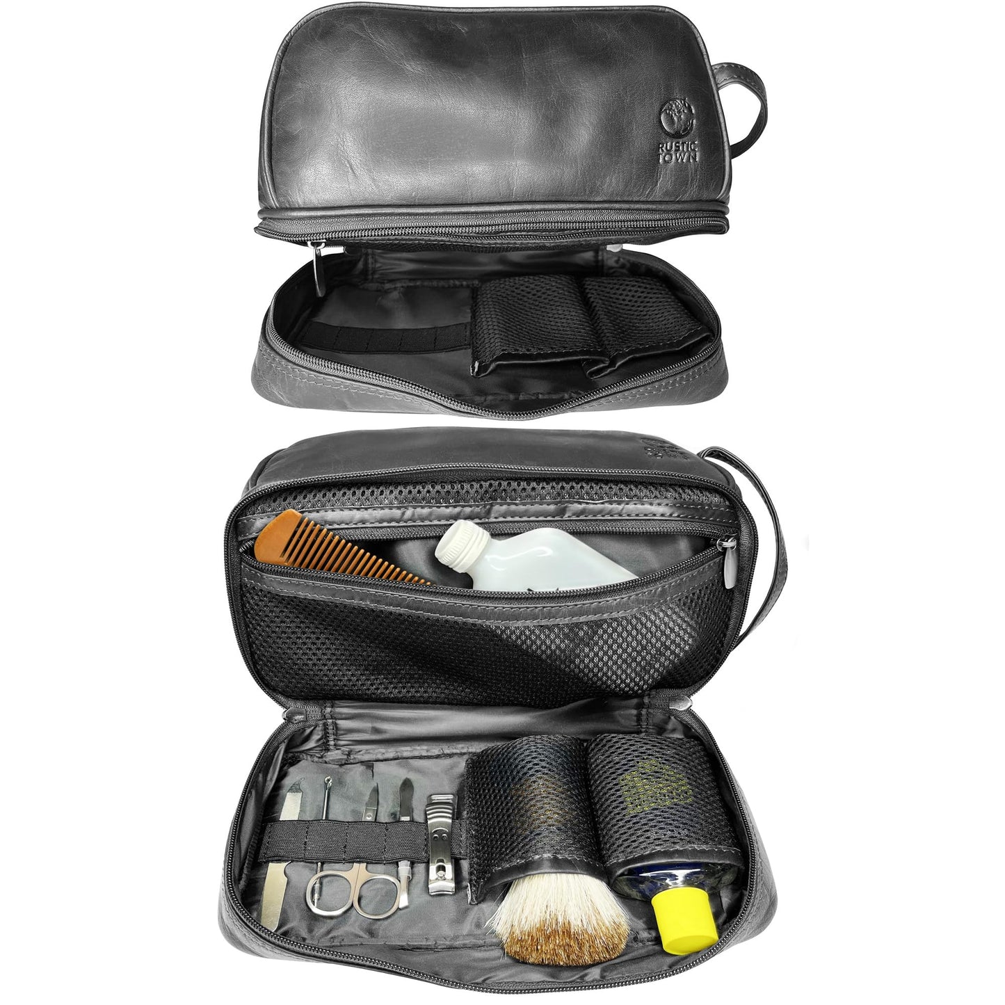 RUSTIC TOWN Leather Toiletry Bag for Men - Shaving Dopp Kit - Travel Gift Bathroom Shower Toiletries Organizer - Cosmetic Makeup Bag for Women (Black)