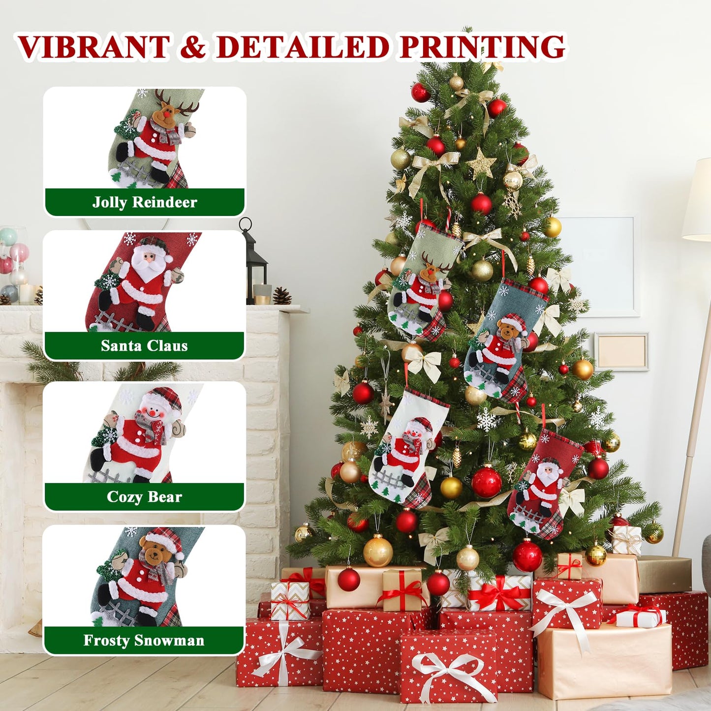 Poreids Christmas Stockings Personalized 4 Pack - Customized Small Xmas Stockings Bulk with Reindeer, Santa Claus, Snowman, Bear for Christmas Home Decorations, Set of 4