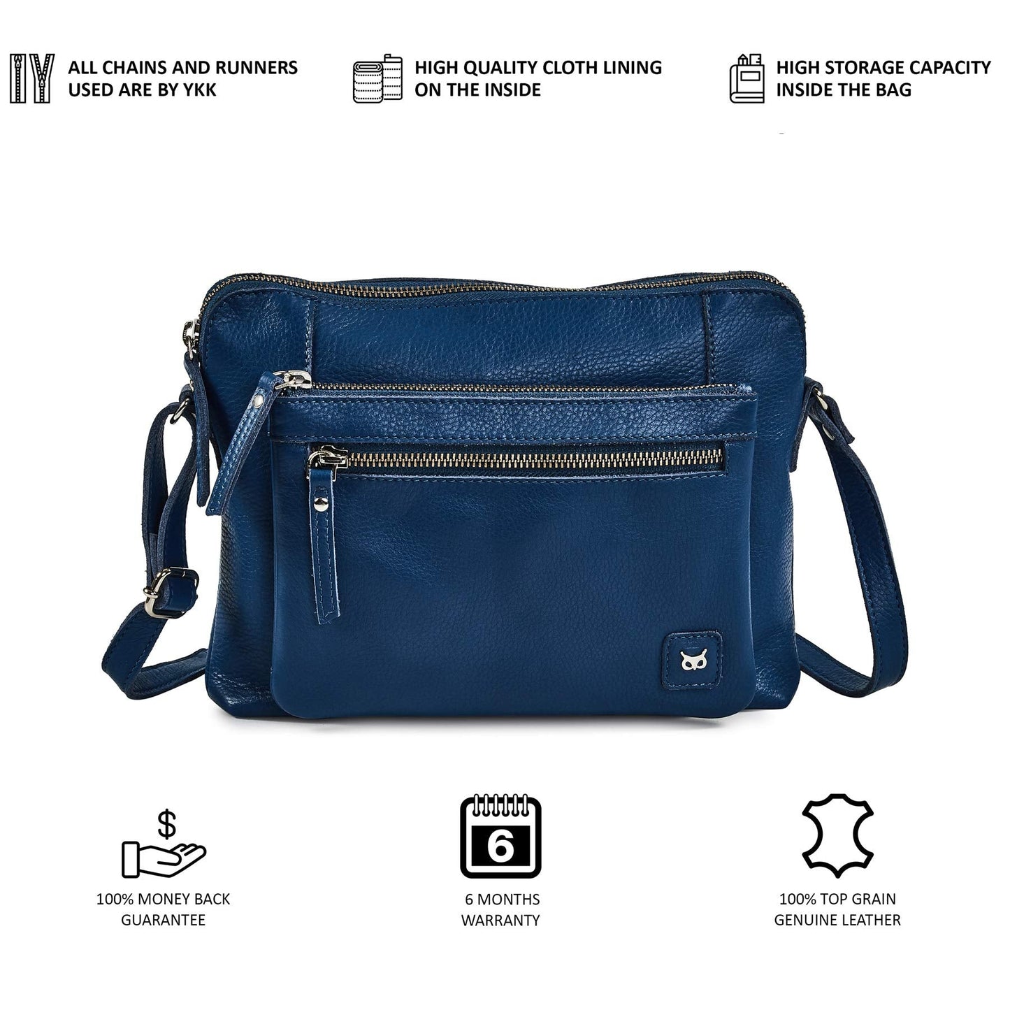 Leather Crossbody Bags for Women Small Soft Genuine Pebbled Sling Shoulder Handbag Crossover Purse with Full Adjustable Strap (Sapphire Blue Nappa)