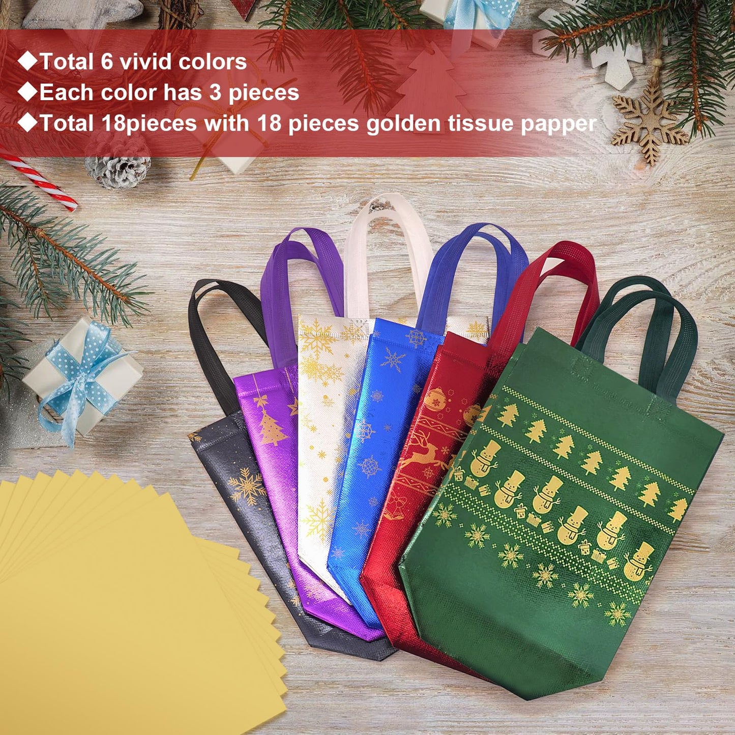 18Pack Christmas Gift Bags Medium Size with Tissue Paper - Reusable Non-Woven Tote Bags with Handles - Perfect for Gift Wrap/Party Favor Supplies - 10.2" x 8.3" x 4"