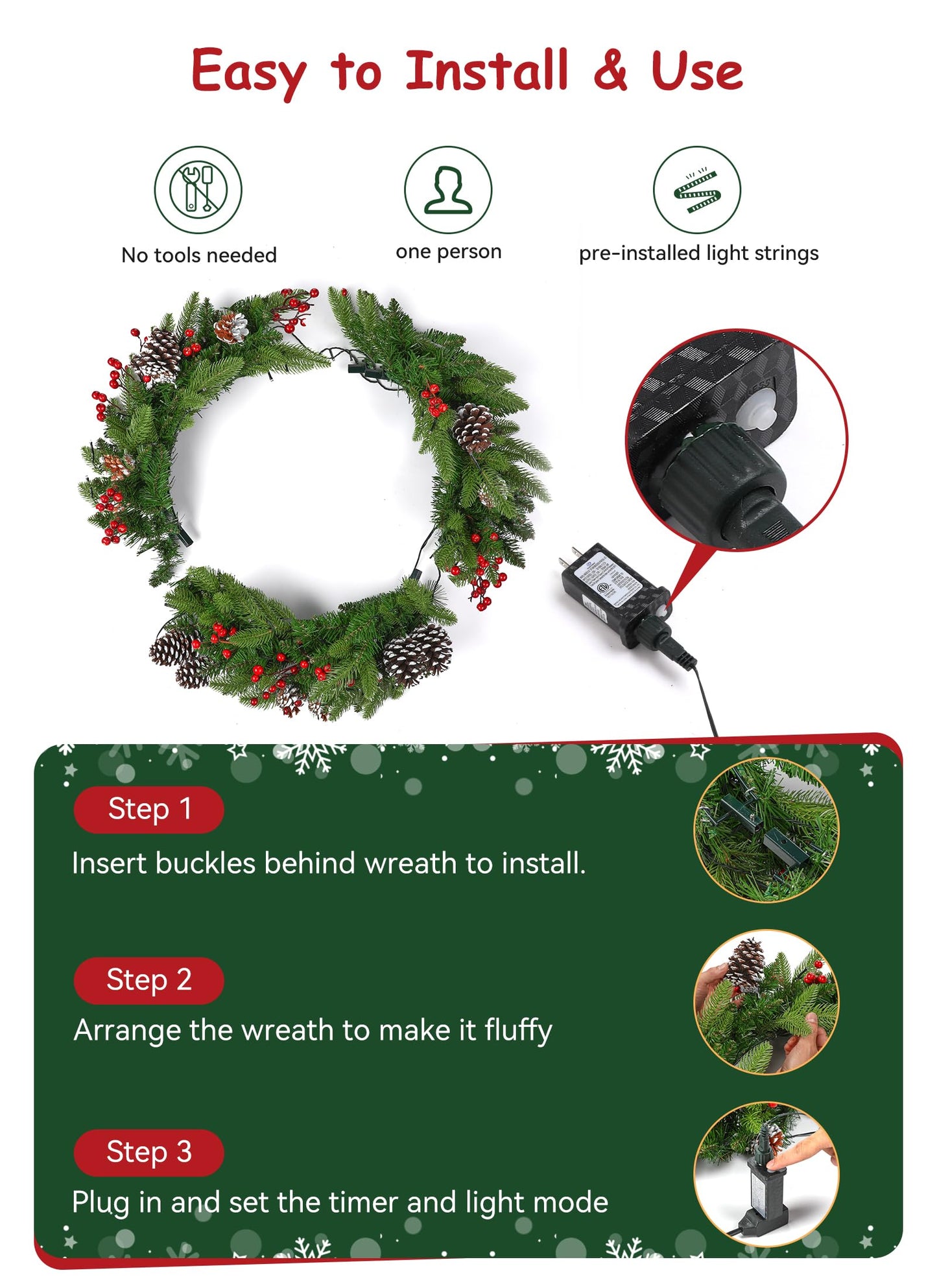 Brightown 24 Inch Pre-Lit Artificial Christmas Wreaths for Front Door,Christmas Decorations Indoor with Pine Cones & Berry Clusters, Christmas Wreath with 50 Lights for Fireplace Wall Window, Plug-in