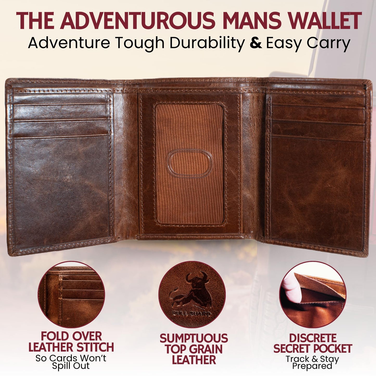BULL GUARD Best Leather Men's RFID Trifold Wallet With ID Great Outdoor Wallet Durable Top Grain Leather Forest Brown, Double Cash Comparment with Secret Pocket, Compact & Secure Design, In Gift Box