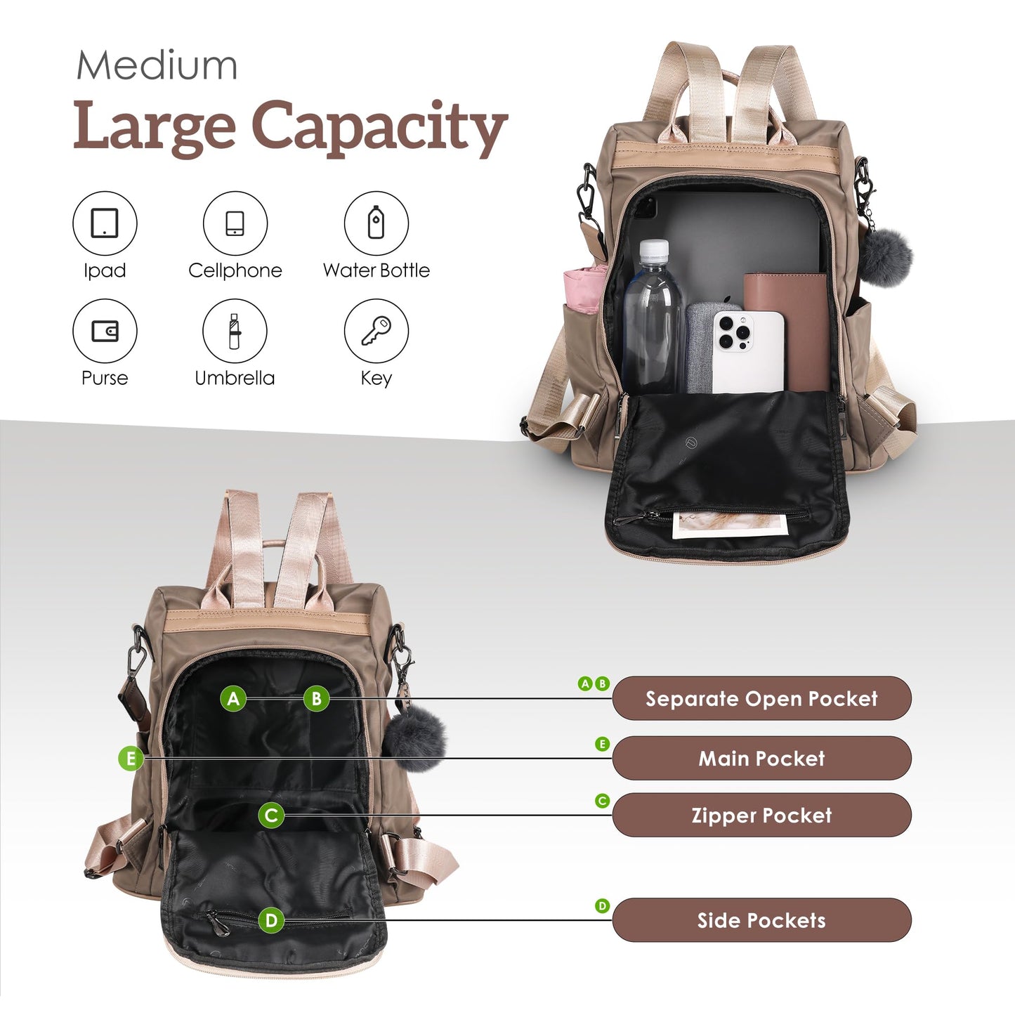 PINCNEL Women Khaki Medium Backpack Purse Waterproof Nylon Anti-theft Rucksack Lightweight Shoulder Bag